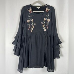 Umgee Floral Tunic Dress Embroidered Birds Ruffle Sleeves Fairy Grunge Witchy M